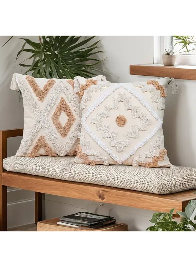 Boho Embroidery Tufted Pillow Covers 12x20 Inch Set Of 2 Neutral Couch Decor - Image 1