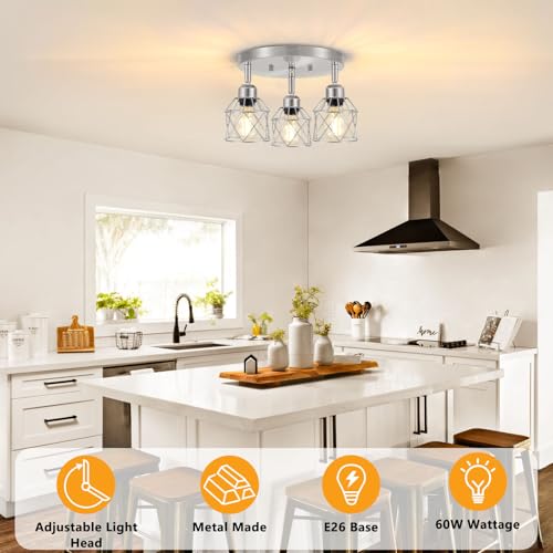 Baocuz 3-Light Brushed Nickel Semi Flush Mount Ceiling Light, Adjustable Kitchen Light Fixtures Ceiling Mount E26 Base Multi-Directional Silver Ceiling Spot Lights for Hallway Farmhouse Foyer - Image 4