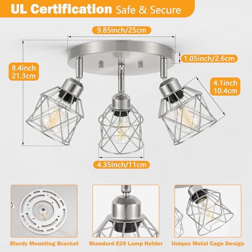 Baocuz 3-Light Brushed Nickel Semi Flush Mount Ceiling Light, Adjustable Kitchen Light Fixtures Ceiling Mount E26 Base Multi-Directional Silver Ceiling Spot Lights for Hallway Farmhouse Foyer - Image 2