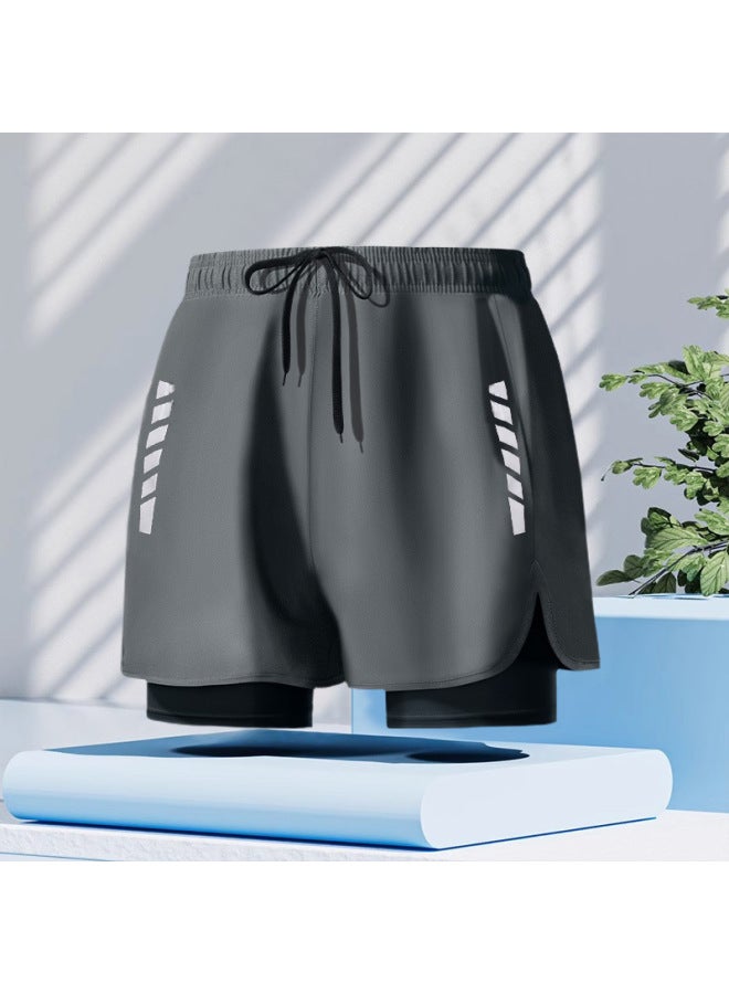 Loose Fashion Swimming Trunks Men's Double-layer Anti-embarrassment Professional Five-point Quick-drying Swimsuit Sports Beach Swimming Equipment-Color:dark Gray 3620- - Image 1