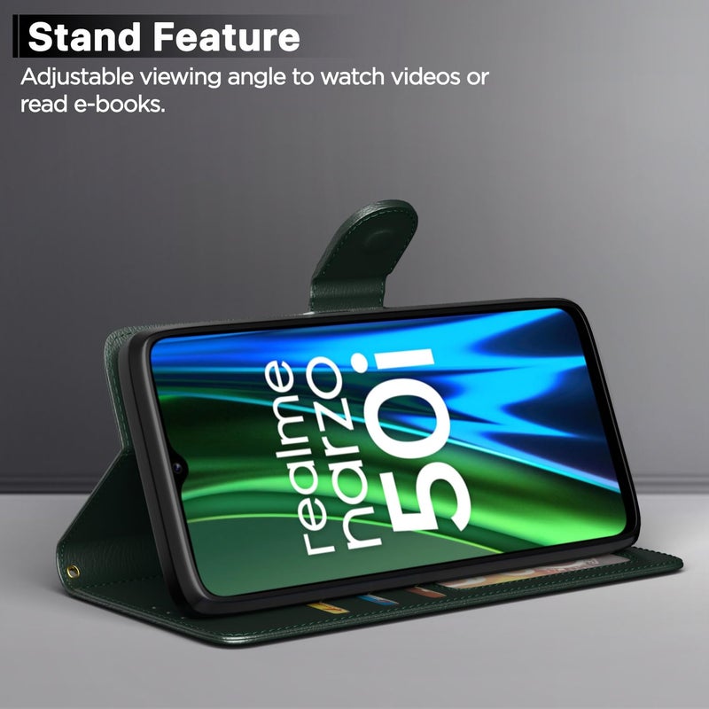 Pikkme Flip Cover for Realme Narzo 50i Leather Finish | Inside TPU with Card Pockets | Wallet Stand and Shock Proof | Complete Protection Flip Case(Green) - Image 3
