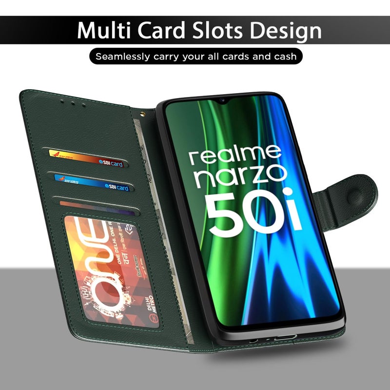 Pikkme Flip Cover for Realme Narzo 50i Leather Finish | Inside TPU with Card Pockets | Wallet Stand and Shock Proof | Complete Protection Flip Case(Green) - Image 5