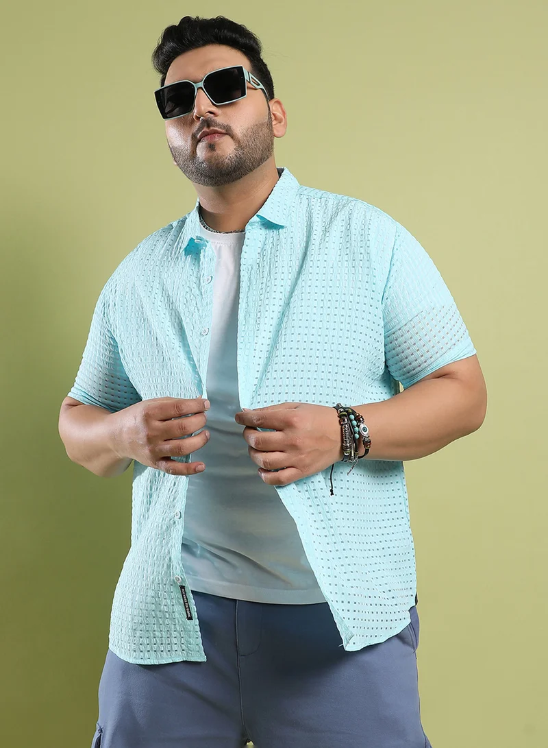 Instafab Plus Instafab Plus Men's Light Blue See-Through Square Shirt For Casual Wear | Spread Collar | Short Sleeve | Button Closure | Polyester Blend Shirt Crafted With Comfort Fit For Everyday Wear