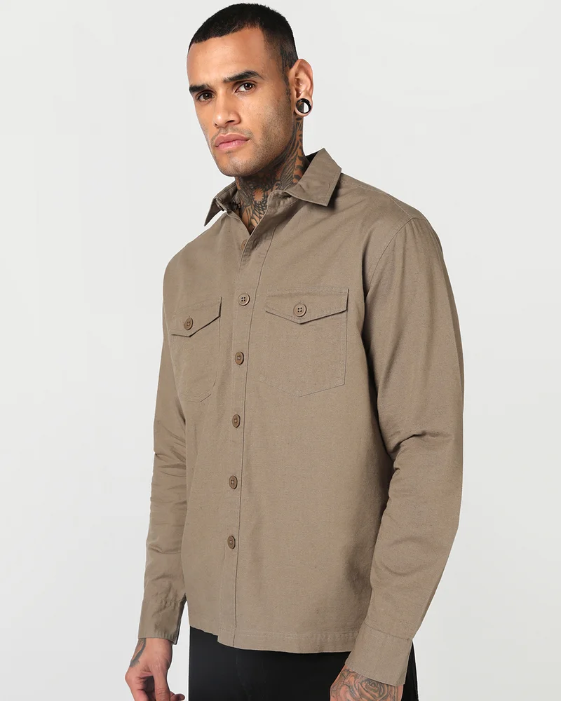 بيواكوف Men's Light Brown Oversized Cotton Linen Detachable Hooded Shirt