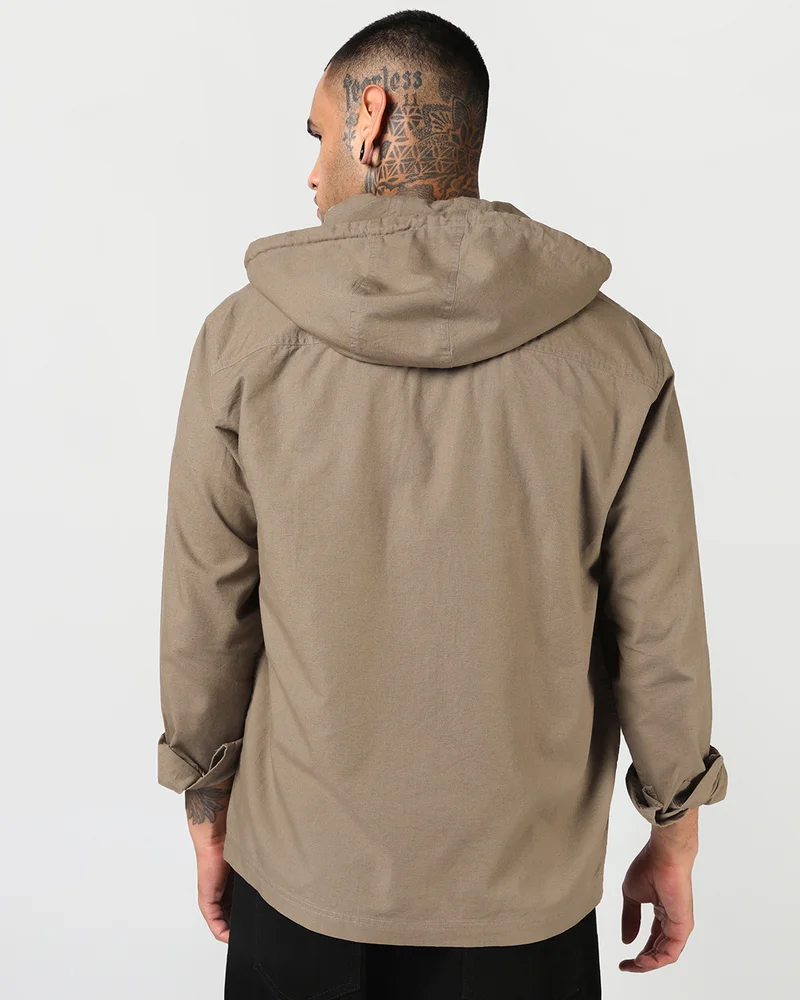 bewakoof  Men's Light Brown Oversized Cotton Linen Detachable Hooded Shirt for Men | Best Price UAE