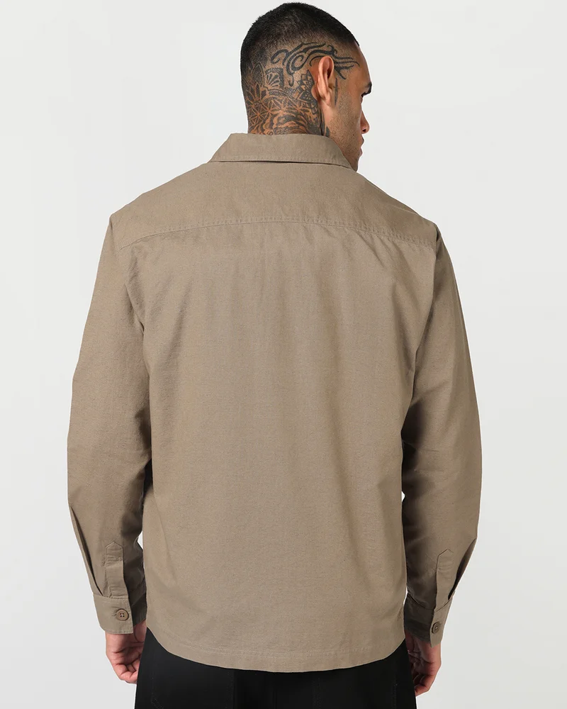 bewakoof  Men's Light Brown Oversized Cotton Linen Detachable Hooded Shirt for Men | Best Price UAE