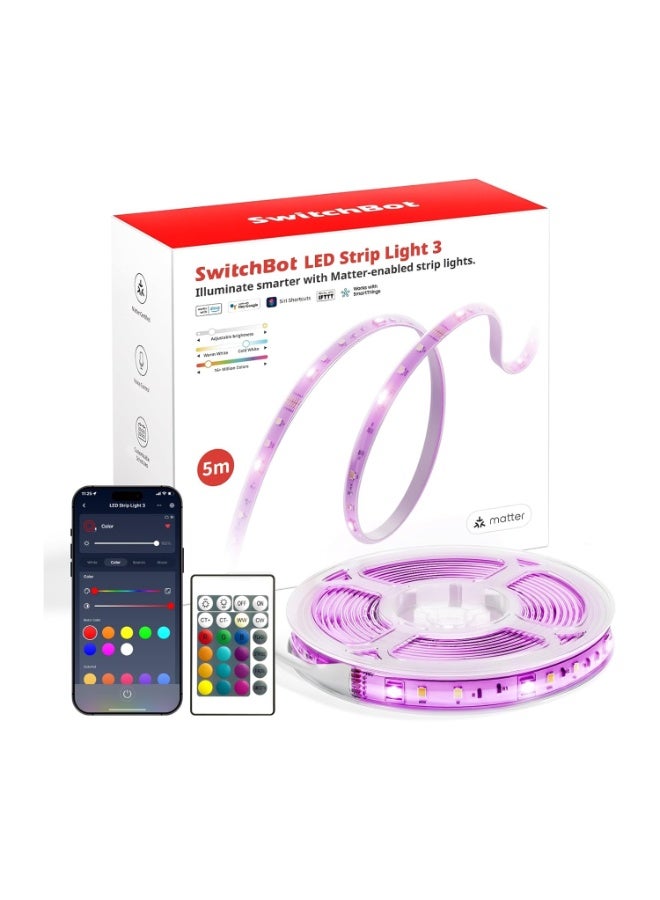 SwitchBot 5M LED Strip Light 3 – Smart RGB + Cool & Warm White LEDs, Matter-Compatible, Voice & App Control, 16 Million Colors, 1200lm Brightness