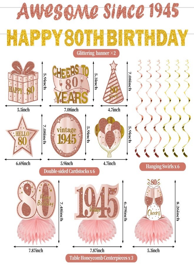Uiorgui 11PCS 80th Birthday Decorations for Women, Pink Rose Gold Awesome Since 1945 Happy 80th Birthday Banner Hanging Swirls Table Centerpieces Cheers to 80 Party Supplies - Image 2