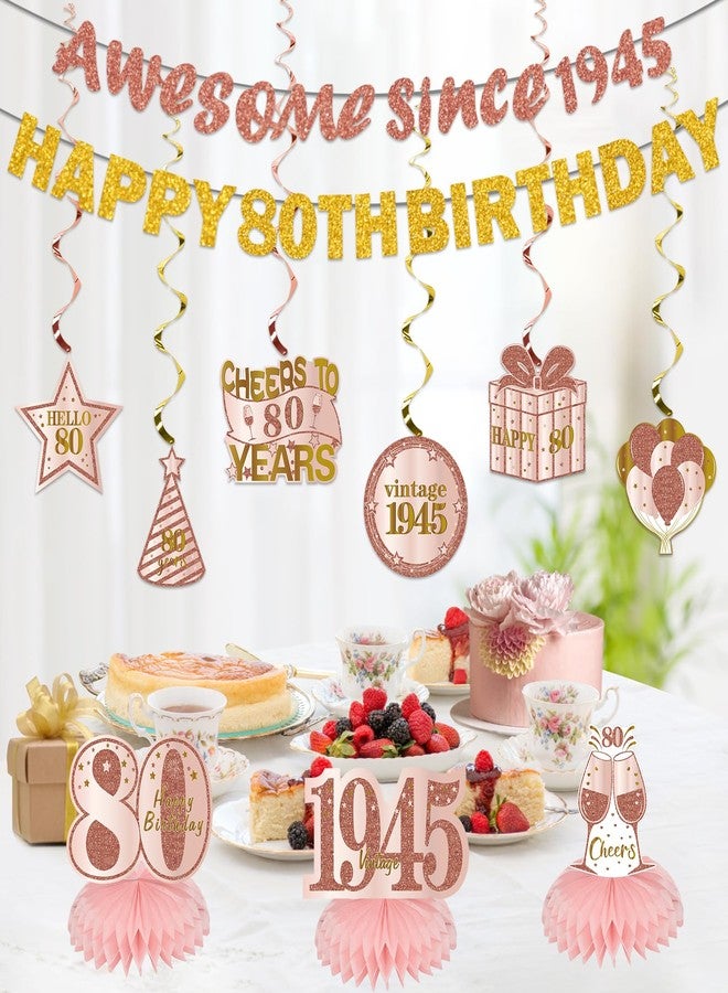 Uiorgui 11PCS 80th Birthday Decorations for Women, Pink Rose Gold Awesome Since 1945 Happy 80th Birthday Banner Hanging Swirls Table Centerpieces Cheers to 80 Party Supplies - Image 4