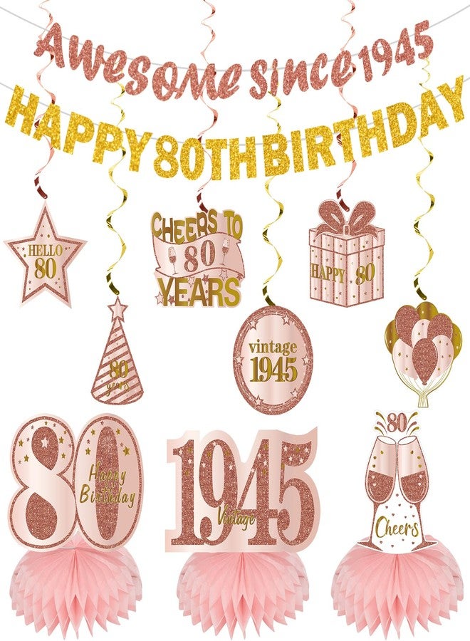 Uiorgui 11PCS 80th Birthday Decorations for Women, Pink Rose Gold Awesome Since 1945 Happy 80th Birthday Banner Hanging Swirls Table Centerpieces Cheers to 80 Party Supplies - Image 1
