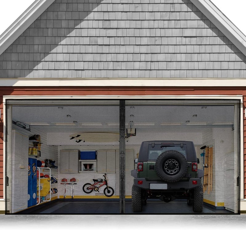 FEGO Garage Door Screen for 2 Car 16x8FT, Magnetic Screen Garage with Retractable Fiberglass Mesh & Heavy Duty Weighted Bottom, Easy Assembly,Hands Free Screen Door w/ 44 Magnets for Garage/Entry Doors - Image 1