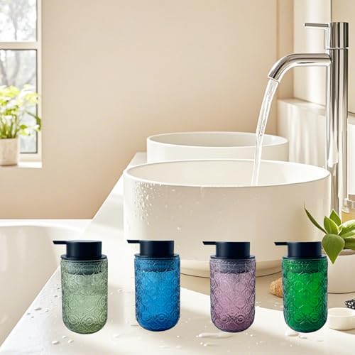 Birugen Foaming Hand Soap Dispenser,Vintage Glass Soap and Lotion Dispenser for Bathroom,Kitchen Dish Soap Dispenser with Black Foam Pump (Blue Begonia Flower+Black Lid) - Image 5