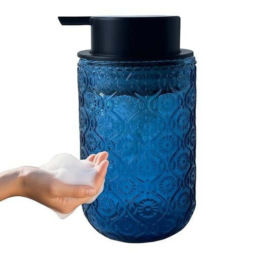 Birugen Foaming Hand Soap Dispenser,Vintage Glass Soap and Lotion Dispenser for Bathroom,Kitchen Dish Soap Dispenser with Black Foam Pump (Blue Begonia Flower+Black Lid) - Image 1