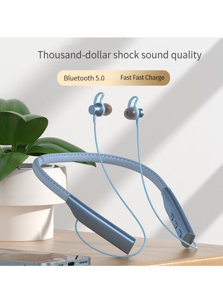 Generic New leather Bluetooth headset with ultra-fast flash charging and long battery life in-ear wireless neck-mounted sports Bluetooth headset (blue)  - Image 1