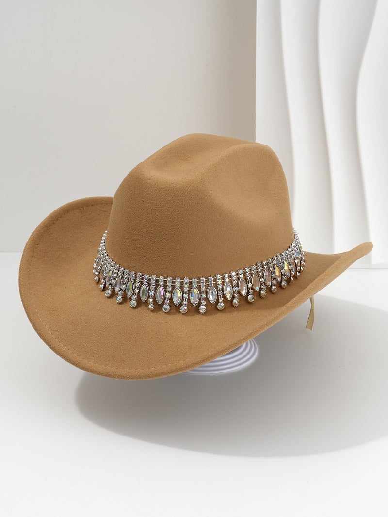 Men'S And Women'S Elegant Topper Hat Unique Jazz Denim Hat Tassel Gem Rhinestone Accessories Belt Wedding Engagement - Image 1