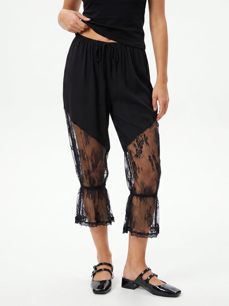 Women Bloomer Pants, Elastic Waist Lace Patchwork Cropped Lantern Trousers - Image 5