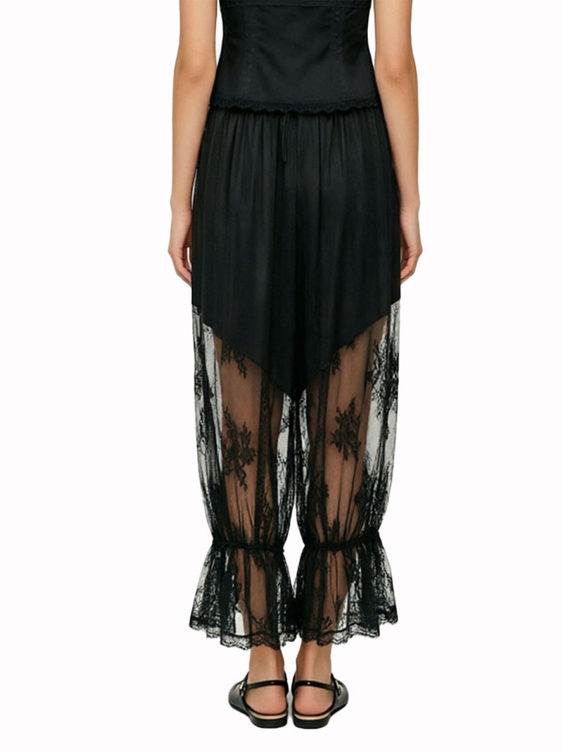 Women Bloomer Pants, Elastic Waist Lace Patchwork Cropped Lantern Trousers - Image 1