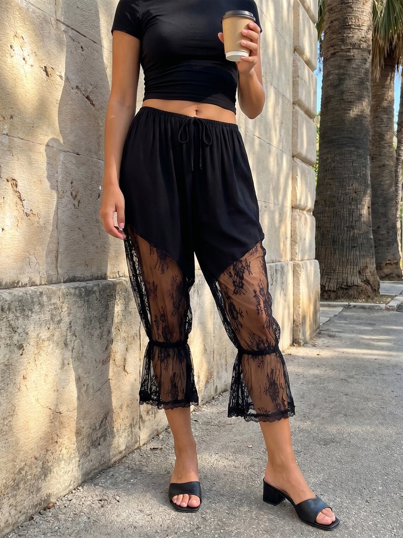 Women Bloomer Pants, Elastic Waist Lace Patchwork Cropped Lantern Trousers - Image 2