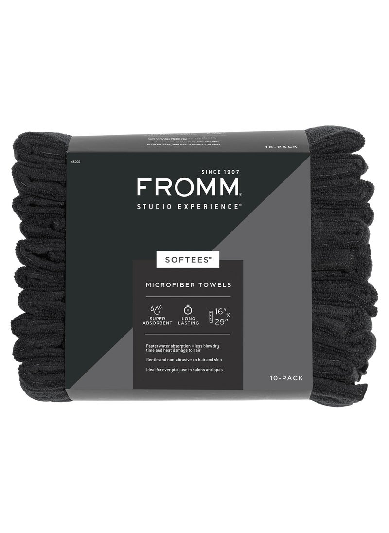 Fromm Fromm Softees Microfiber Salon Hair Towels for Hairstylists, Barbers, Spa, Gym in Black, 16" by 29", 10 count Perfect Hair Care Towel for Drying Curly, Long, Wavy Hair 