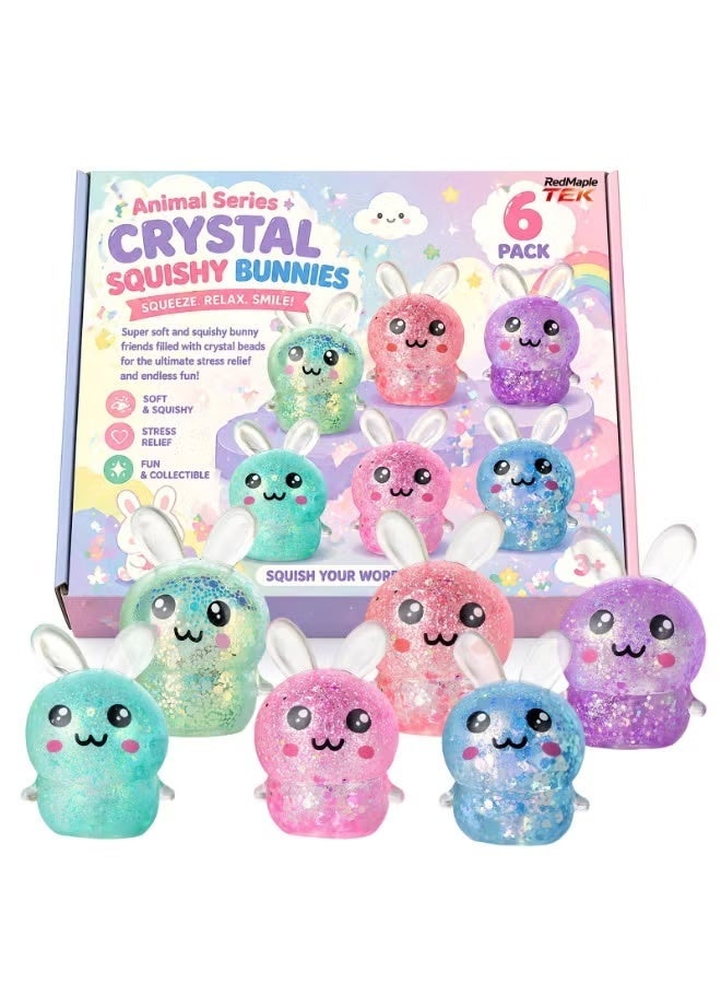 RedMapleTEK 6 Pack Crystal Glitter Bunny Squishy Stress Relief Toys, Slow Rebound Squeeze Toys, Cute Rabbit Sensory Fidget Toys for Kids & Adults - Image 1