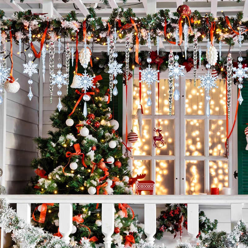 جيجكسين giegxin 32 pcs الكريستال عيد الميلاد الحلي الكريستال معلقة الثلج الثلج أكريليك الأشجار الشجرة icsicle إسقاط ديكورات الكريستال مع السنانير لشتاء الثلج عيد الميلاد (الأزرق الفاتح) - Image 5