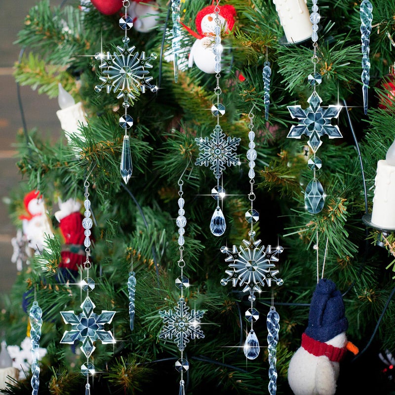 جيجكسين giegxin 32 pcs الكريستال عيد الميلاد الحلي الكريستال معلقة الثلج الثلج أكريليك الأشجار الشجرة icsicle إسقاط ديكورات الكريستال مع السنانير لشتاء الثلج عيد الميلاد (الأزرق الفاتح) - Image 3
