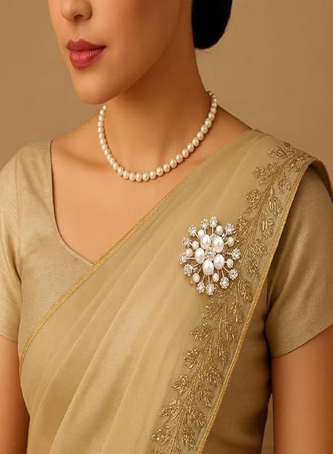 BuyLift® Pearl & Crystal Flower Brooch Pin for Women || Elegant Scarf, Shawl & Dress Clip Jewelry Accessory for Women & Girls || Crystal Flower Pearl Brooch Fashion (H1 6368 (Gold)) - Image 3