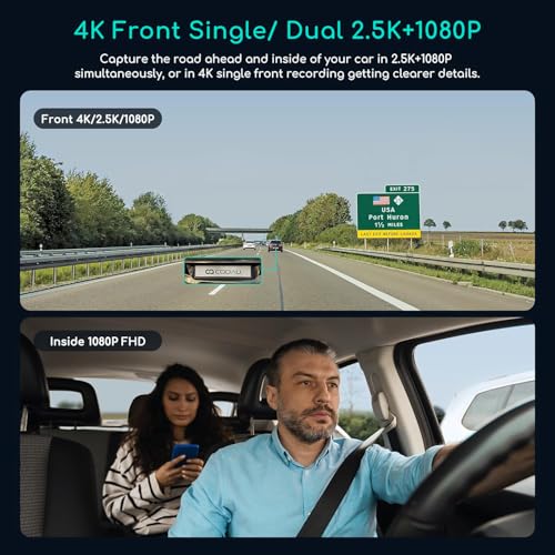 COOAU D30S 4K Dash Cam with GPS Wi-Fi, Front and Inside Dual 2.5K 1080P, Uber Car Camera with Infrared Night Vision, Supercapacitor, 4 IR LEDs, G-Sensor, Parking Mode, Loop Recording - Image 2