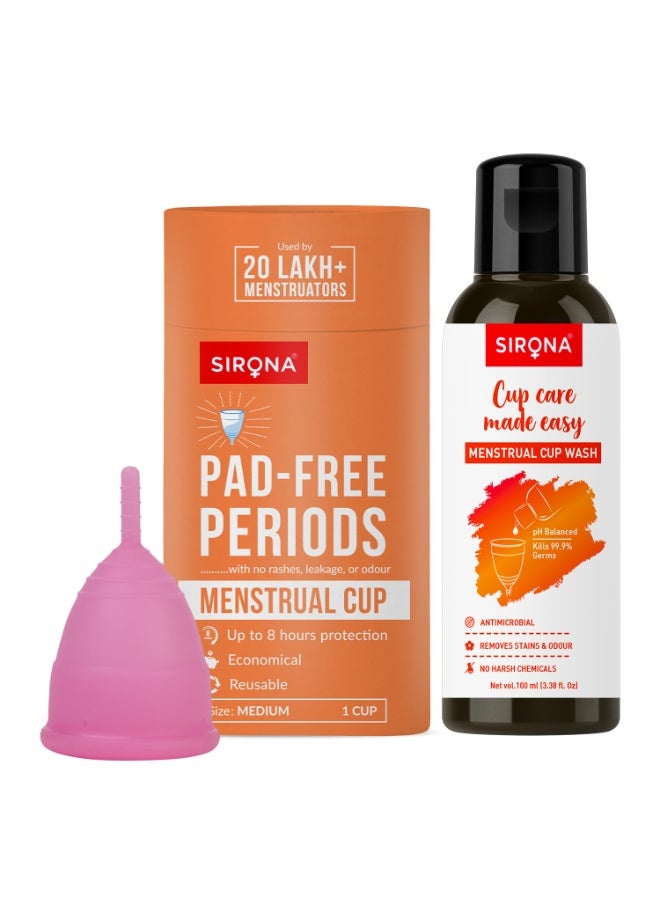 Sirona Reusable Menstrual Cup for Women - Medium with pH Balanced Menstrual Cup Wash Liquid - 100 ml - Image 1