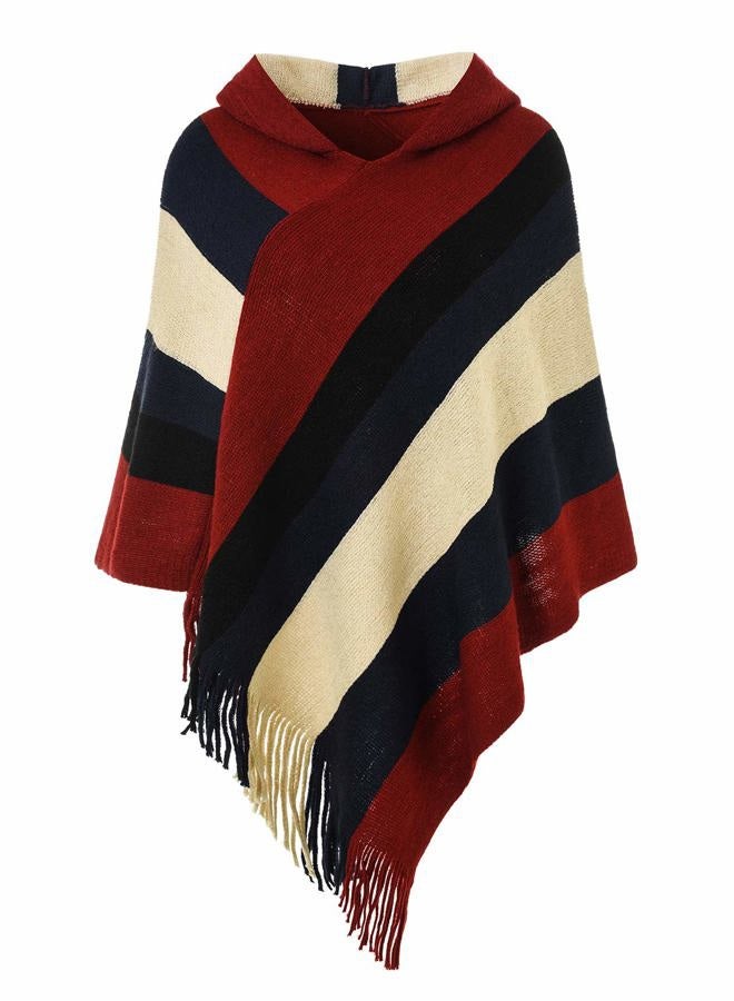 Ferand Women's Elegant Knitted Poncho Top with Stripe Patterns and Fringed Sides, Upgraded Hooded Style: Burgundy & Beige, L-XL - Image 1