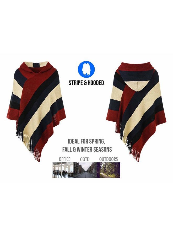 Ferand Women's Elegant Knitted Poncho Top with Stripe Patterns and Fringed Sides, Upgraded Hooded Style: Burgundy & Beige, L-XL - Image 4