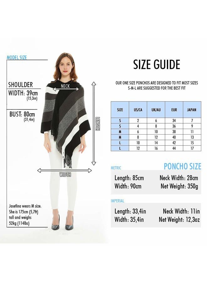 Ferand Women's Elegant Knitted Poncho Top with Stripe Patterns and Fringed Sides, Upgraded Hooded Style: Burgundy & Beige, L-XL - Image 2