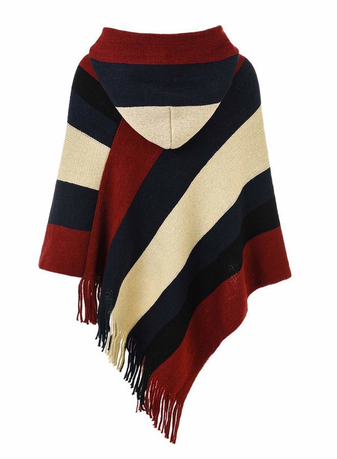 Ferand Women's Elegant Knitted Poncho Top with Stripe Patterns and Fringed Sides, Upgraded Hooded Style: Burgundy & Beige, L-XL - Image 3