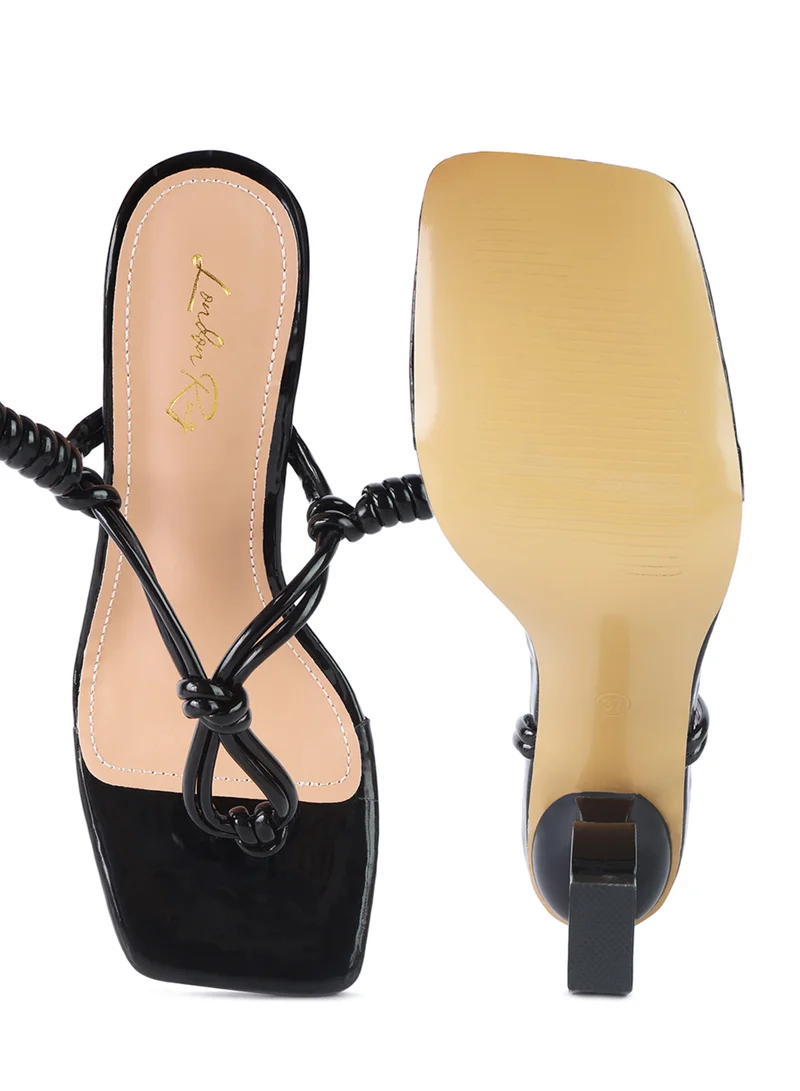 London Rag Black Lace Up Thong Chain Heel Sandal
