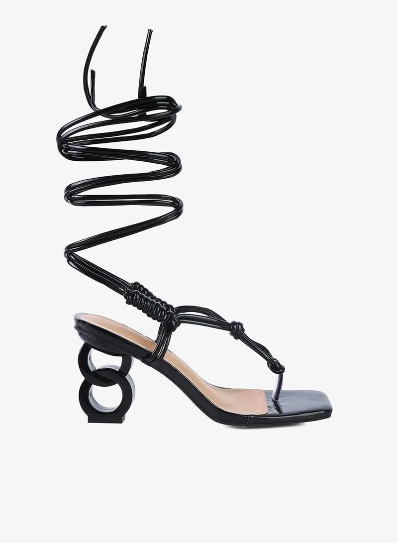 Black Lace Up Thong Chain Heel Sandal
