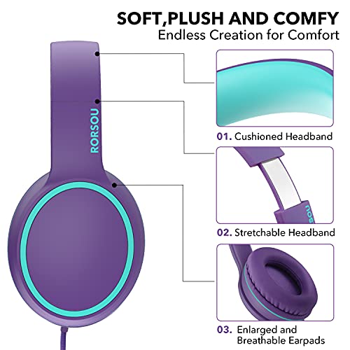 RORSOU R10 Over-Ear Headphones with Microphone, Lightweight Folding Stereo Bass Headset with 1.5M No-Tangle Cord, Portable Wired Headphones for Smartphone Tablet Computer MP3 / 4 (Purple) - Image 4