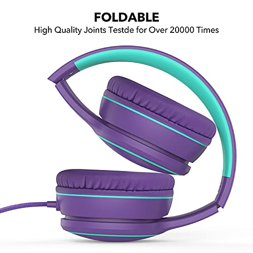 RORSOU R10 Over-Ear Headphones with Microphone, Lightweight Folding Stereo Bass Headset with 1.5M No-Tangle Cord, Portable Wired Headphones for Smartphone Tablet Computer MP3 / 4 (Purple) - Image 3