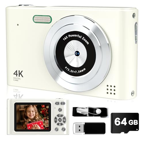 BEARBISU Digital Camera, 44MP Full HD 1080P Point and Shoot Camera with 64GB Card, Anti Shake 16X Zoom Compact Volg Cameras, Portable Small Camara Gift for Kids, Ages Teen Girl Boy - White - Image 1
