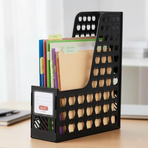 SOLDTRUE Office Desktop Organizer Book Document Storage Rack File Holder Folding Paper File Rack (Plastic Rack, Black) - Image 1