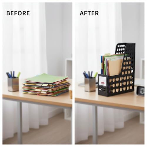 SOLDTRUE Office Desktop Organizer Book Document Storage Rack File Holder Folding Paper File Rack (Plastic Rack, Black) - Image 2