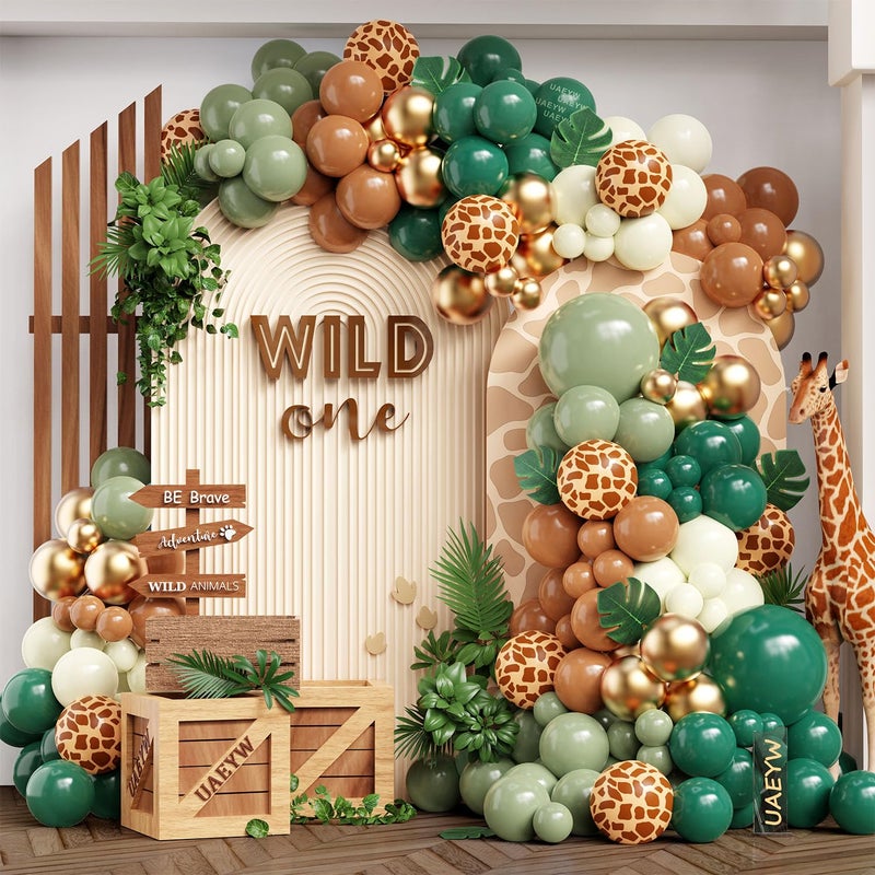 UAEYW Safari Jungle Balloon Garland Arch Kit for Wild One Birthday Party Decorations 157Pcs Sage Green Brown Balloons with Animal Print Balloons Palm Leaves for Safari Baby Shower Woodland Tropical Party - Image 2