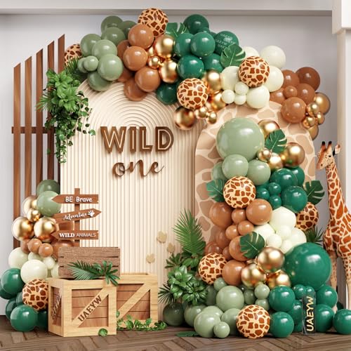 UAEYW Safari Jungle Balloon Garland Arch Kit for Wild One Birthday Party Decorations 157Pcs Sage Green Brown Balloons with Animal Print Balloons Palm Leaves for Safari Baby Shower Woodland Tropical Party - Image 1