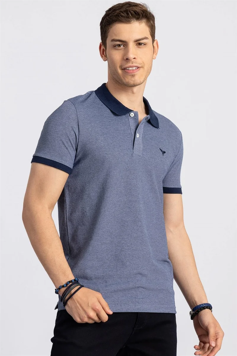 Tudors Slim Fit Narrow Cut Polo Neck Navy Blue Men's T-Shirt