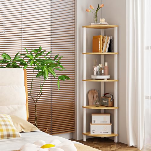VIMBER Corner Shelf, 5-Tier Corner Bookshelf, Industrial Corner Ladder Shelf, Rustic Display Shelf for Living Room, Bedroom, Kitchen, Home Office, White and Nature Wood Color UJSJ001Q - Image 4