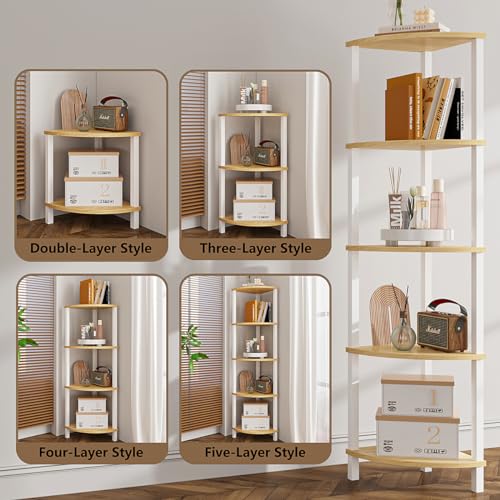 VIMBER Corner Shelf, 5-Tier Corner Bookshelf, Industrial Corner Ladder Shelf, Rustic Display Shelf for Living Room, Bedroom, Kitchen, Home Office, White and Nature Wood Color UJSJ001Q - Image 3