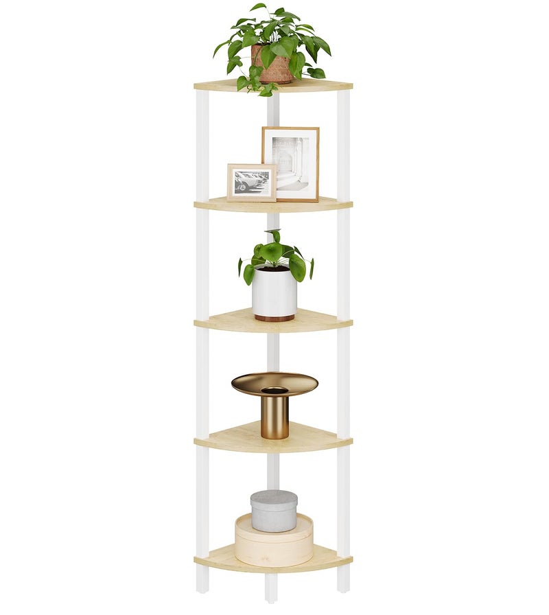 VIMBER Corner Shelf, 5-Tier Corner Bookshelf, Industrial Corner Ladder Shelf, Rustic Display Shelf for Living Room, Bedroom, Kitchen, Home Office, White and Nature Wood Color UJSJ001Q - Image 1