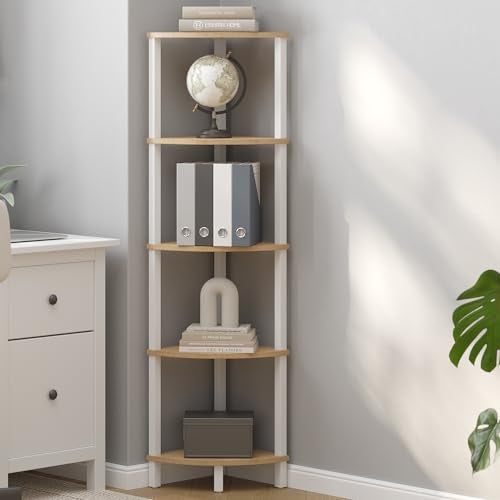 VIMBER Corner Shelf, 5-Tier Corner Bookshelf, Industrial Corner Ladder Shelf, Rustic Display Shelf for Living Room, Bedroom, Kitchen, Home Office, White and Nature Wood Color UJSJ001Q - Image 2