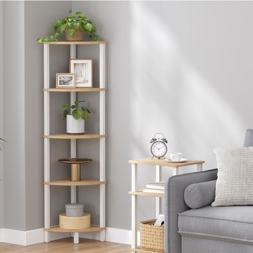 VIMBER Corner Shelf, 5-Tier Corner Bookshelf, Industrial Corner Ladder Shelf, Rustic Display Shelf for Living Room, Bedroom, Kitchen, Home Office, White and Nature Wood Color UJSJ001Q - Image 5