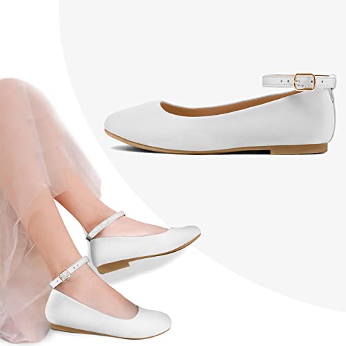 K KomForme Girl's Ballerina Flat Ankle Strap Dress Ballet Flat Shoes (Toddler/Little Kid/Big Kid) for Wedding Party School White-pu - Image 2