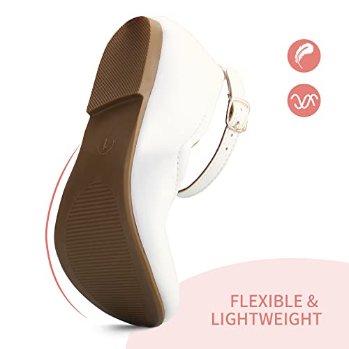 K KomForme Girl's Ballerina Flat Ankle Strap Dress Ballet Flat Shoes (Toddler/Little Kid/Big Kid) for Wedding Party School White-pu - Image 5